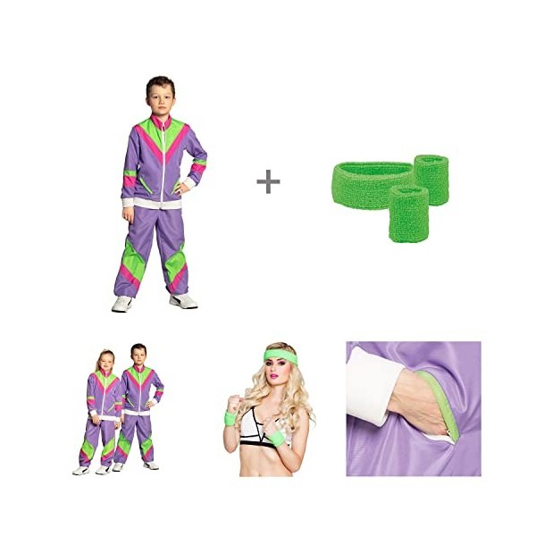 Boland - Kit dentraînement pour enfants, violet-vert, survêtement années 80 et set de 3 bandes à transpirer, Bad Taste, dégu