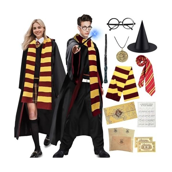 Forfamy Costume de magicien - Costume de cosplay avec cape, tenue pour garçons et filles, baguette magique, cravate, lunettes