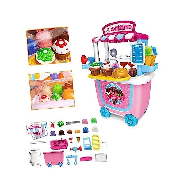 Toyvian Chariot Maquillage Kit Crème Glacée Jouet Wagon Poussette pour Enfants Jeu De Rôle Gâteau Chariot Anniversaire Chario