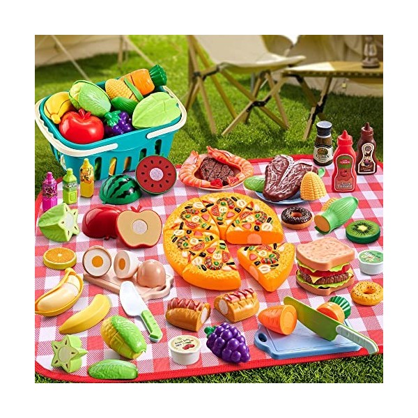 Kopi Corgi Lot de 67 jouets de pique-nique pour enfants avec pizza, coupe de fruits et légumes, jouets de jeu de rôle pour ga