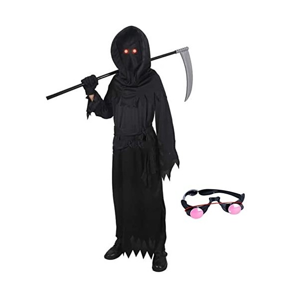 Costume de cosplay pour enfant Scream Death avec lunettes lumineuses pour Halloween, faucheuse, costumes, terreur, yeux lumin