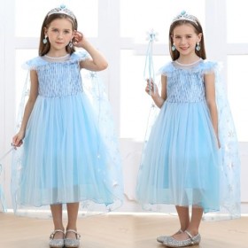 LiUiMiY Déguisement Princesse Fille Robe Carnaval Enfant Costume Bleu pour Halloween Cosplay Anniversaire Fête Noël Cérémonie