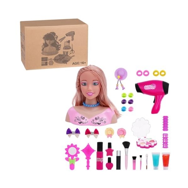 Fabroz Pretend Play Kit de maquillage pour cheveux pour filles, jeu de salon de jeu, figurine demi-action avec sèche-cheveux,