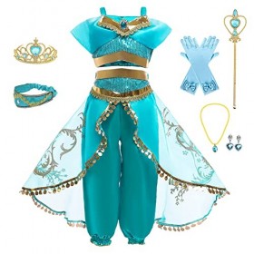 AISHANGYIDE Fille Deguisement Princesse Jasmine, Robe de Aladdin Princesse avec Perruque Bandeau Accessoires, Enfants Anniver