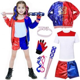 Costume Harley Quinn pour enfants - Costume dHalloween Harley Quinn pour fille - Comprend une veste, un short, un t-shirt, u