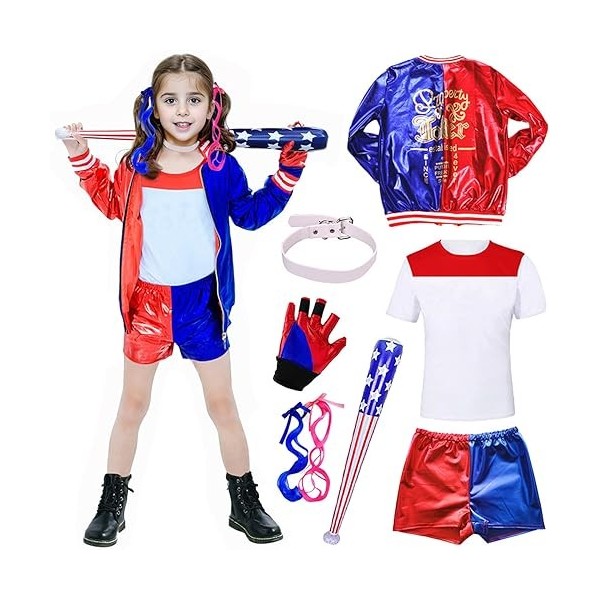 Costume Harley Quinn pour enfants - Costume dHalloween Harley Quinn pour fille - Comprend une veste, un short, un t-shirt, u