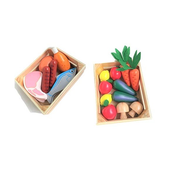 Fun World Toys Ensemble de nourriture en bois – Caisse à salade saine pour légumes et viandes