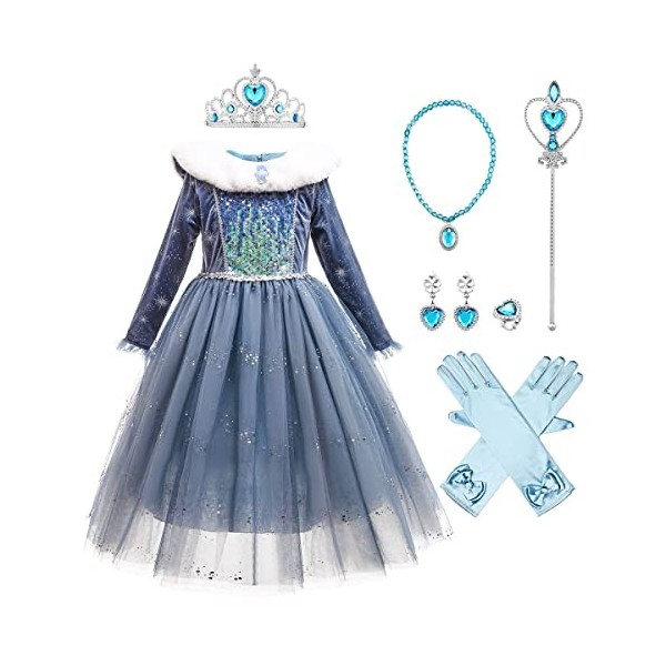 Elsa Costume- Filles Elsa Dress up Robe de Princesse Manches Longues Reine des Neiges Robe Longue de Robe Bleu Chaude Doux Dé