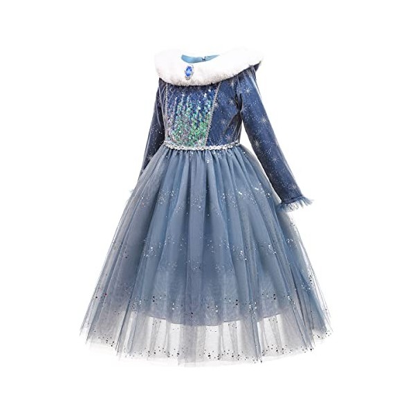 Elsa Costume- Filles Elsa Dress up Robe de Princesse Manches Longues Reine des Neiges Robe Longue de Robe Bleu Chaude Doux Dé