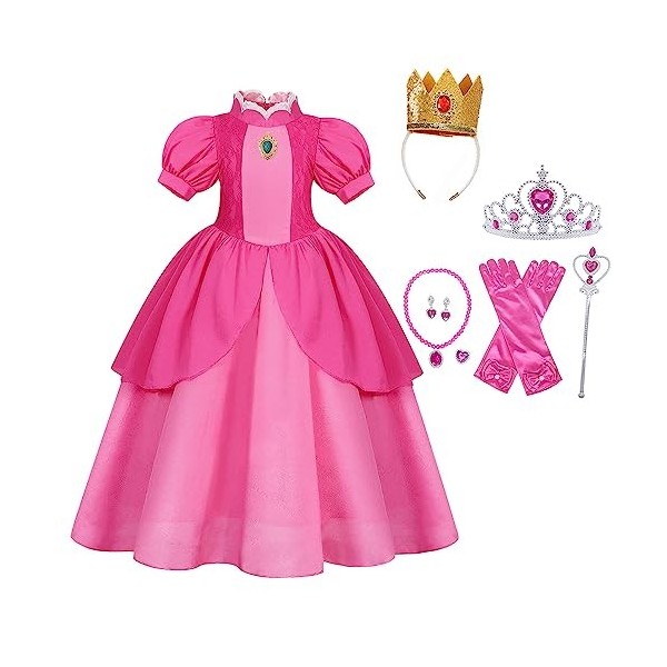 Berich Robe de princesse pêche avec couronne pour enfants, pour Halloween, Noël, costumade, robe de princesse rose pour fille