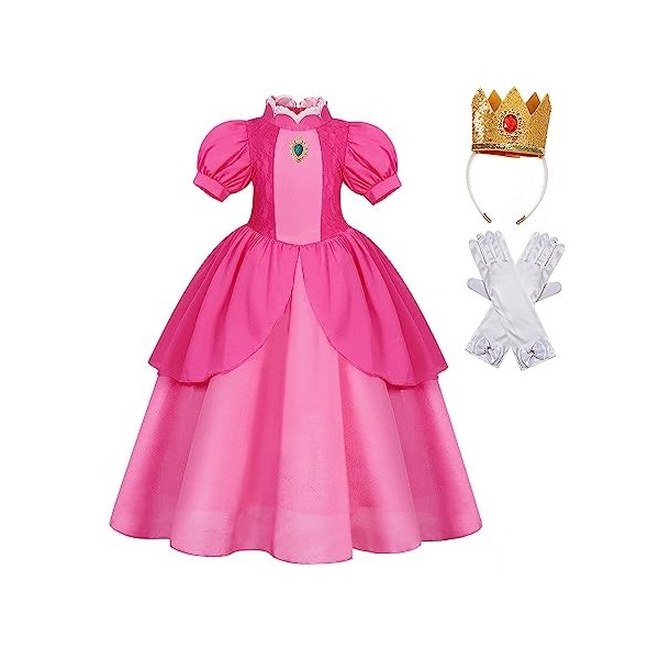 Berich Robe de princesse pêche avec couronne pour enfants, pour Halloween, Noël, costumade, robe de princesse rose pour fille