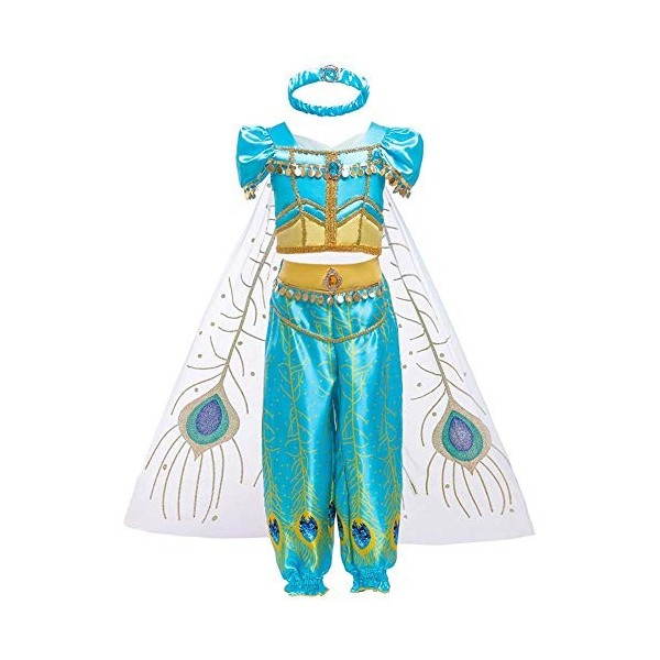 FYMNSI Costume de jasmin pour fille Aladdin Princesse Carnaval Cosplay Noël Halloween Party Déguisement enfants Bleu Paillett