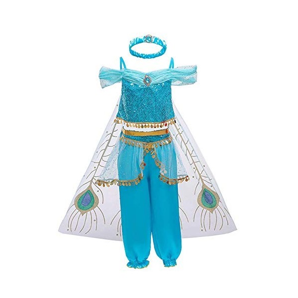 FYMNSI Costume de jasmin pour fille Aladdin Princesse Carnaval Cosplay Noël Halloween Party Déguisement enfants Bleu Paillett