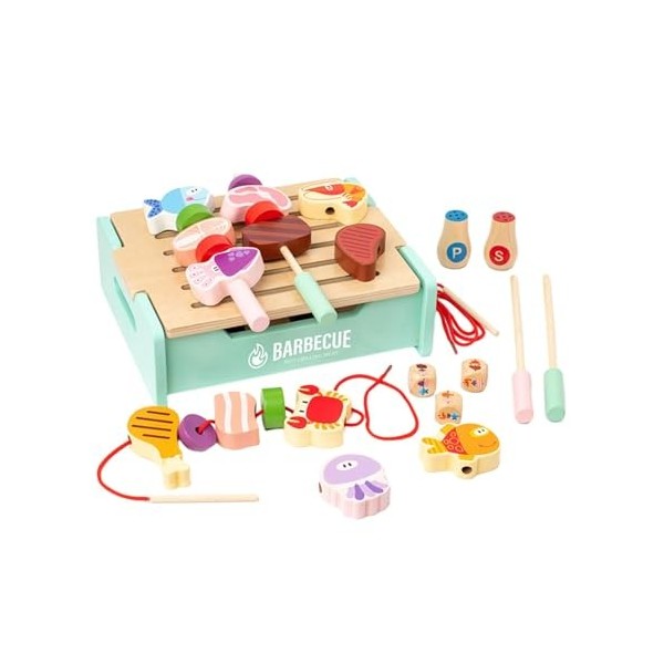 Perfeclan Jouets de Barbecue en Bois pour Enfants, Ensemble de Jouets de Cuisine, Apprentissage des compétences, Jeu de rôle,