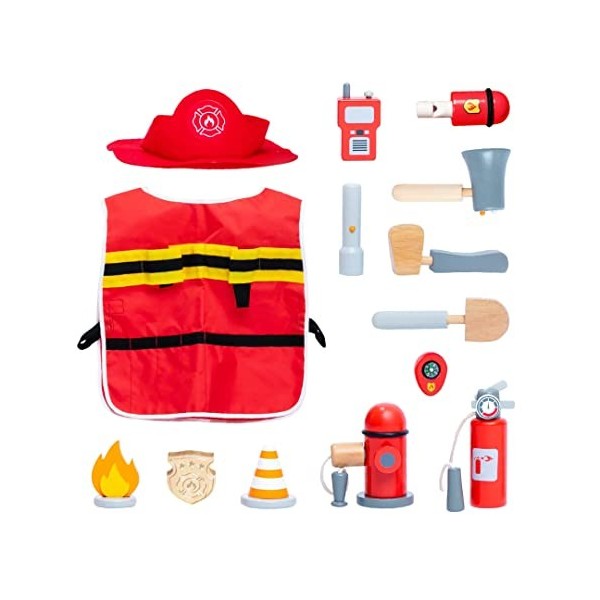 UMU® Kit de Jeu de Pompier en Bois pour Enfants avec Costume de Pompier incluant Casquette, Extincteur, Talkies-Walkies etc.,