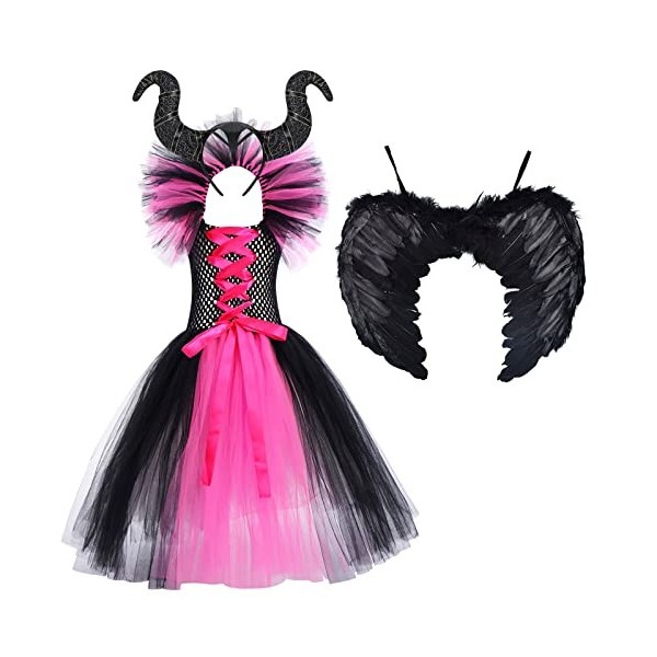 Odizli Costume de sorcière Maléficent pour fille - Costume de diable, vampire - Robe de princesse en tulle tricotée + ailes d