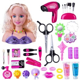 Tête à Coiffer Jouet Enfant, 35 Pièces Tête à Coiffer et Maquiller Enfant Pretend Playset Style tête poupée Coiffure Jouet av