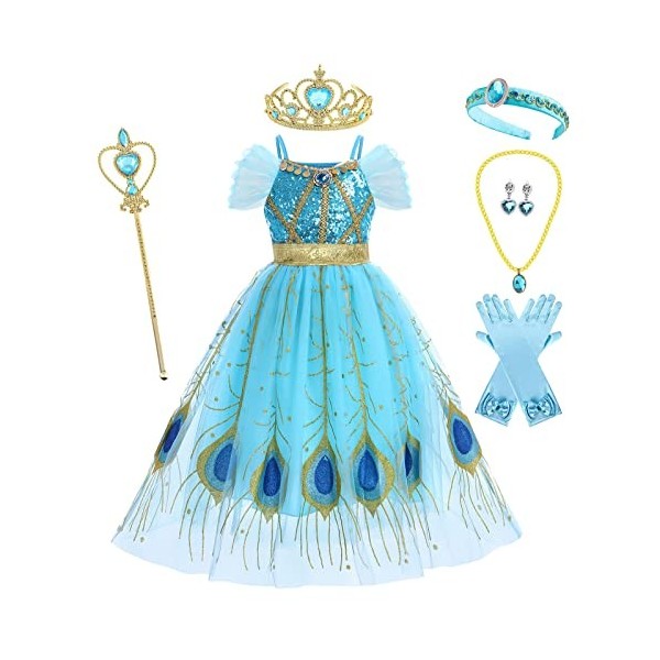 IMEKIS Costume de jasmin pour fille - Princesse à paillettes - Aladdin - Costume de conte de fées - Pour anniversaire, Hallow