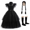 Tangsenyu – Costume de Mercredi Addams pour enfants, filles, avec robe, ceinture et chaussettes