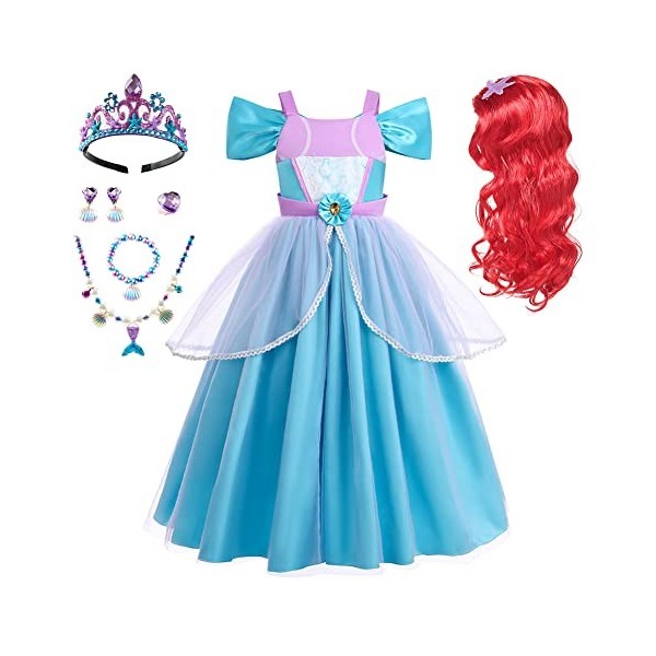 Ariel Deguisement Robe Princesse Costume de Sirène pour Enfant Fille, Robe Ariel la petite sirene avec Accessoires, Enfants C