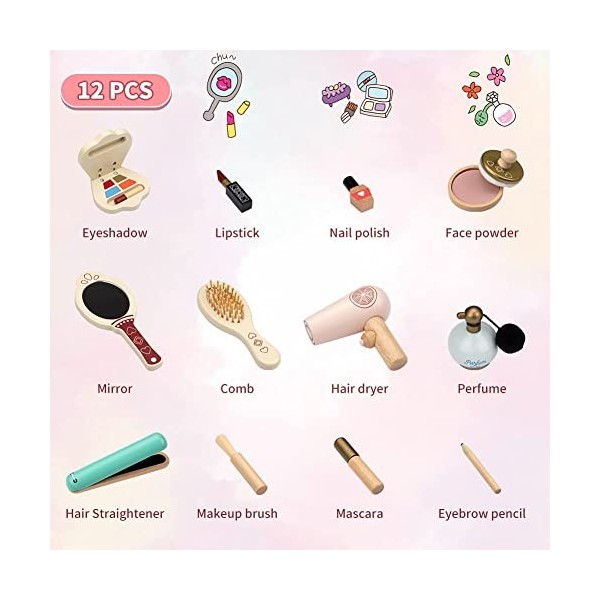 ThinkMax Kit de maquillage pour enfants en bois pour fille - Jouet de maquillage en bois - Kit de maquillage - Cadeau danniv