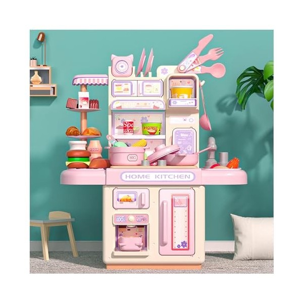 Cuisine De Jeu pour Enfants, Cuisine pour Enfants avec Lumière,Eau Recyclée Et Effet Vapeur, Kitchenette,B-Pink