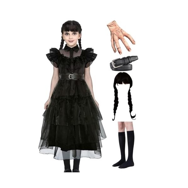 Déguisement Mercredis Addams Costume Enfan-ts | Robe Addams Du Mercredi Avec Perruque/ceinture/chaussette/statue De Main | En