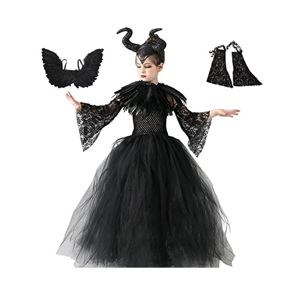 Yajimsa Costume maléfique pour enfant fille - Reine méchante - Sorcière - Halloween - Carnaval - Déguisement - Robe corne - M