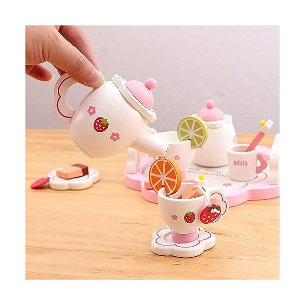 Katutude Service à Thé en Bois pour Petites Filles, Service à Thé Jouet en Bois Accessoires de Cuisine Mignons, Dînette Enfan