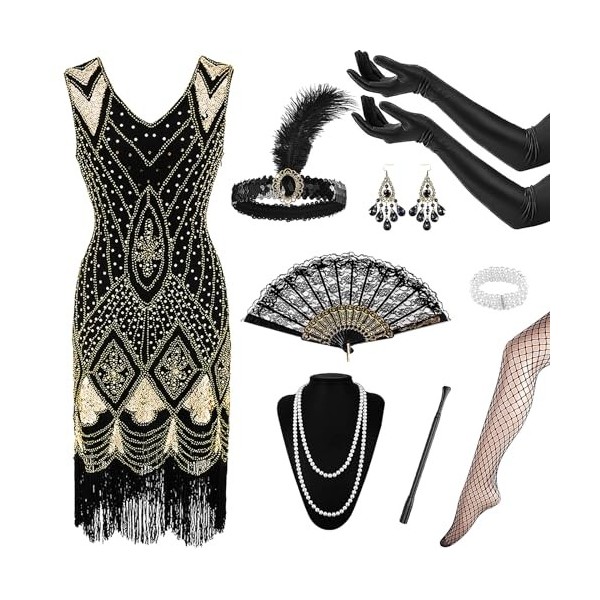 9PCS 1920 Flapper Gatsby Costume Accessoires Kit,Robe Années 1920 à col en V avec Ensemble daccessoires des Années,1920s Acc