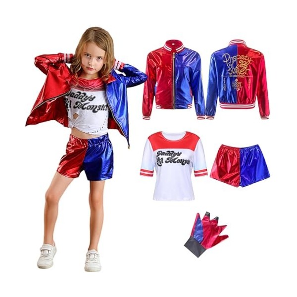 Alaiyaky Quinn Costume de cosplay pour enfants, costume de méchant inclus gants, veste, t-shirt, shorts, collier pour Hallowe