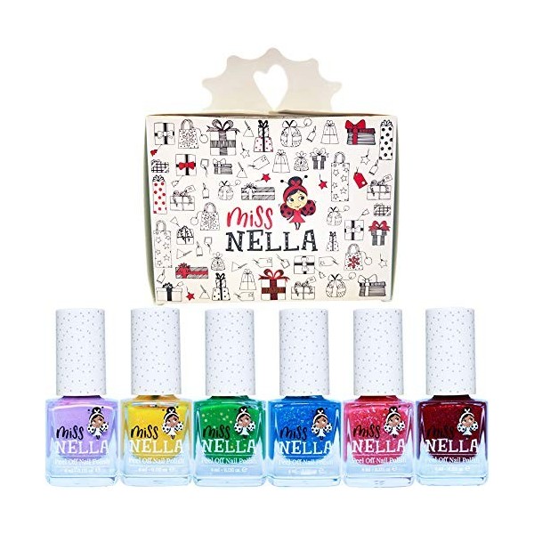 Miss Nella set Christmas Glitters: 6 vernis à ongles pour enfant et le singe séchant le vernis, non toxique, peel off, à base