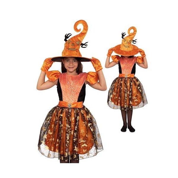 Magicoo Costume de sorcière citrouille pour enfant fille avec robe, gants et chapeau – Taille 98 à 146 – Costume de sorcière 