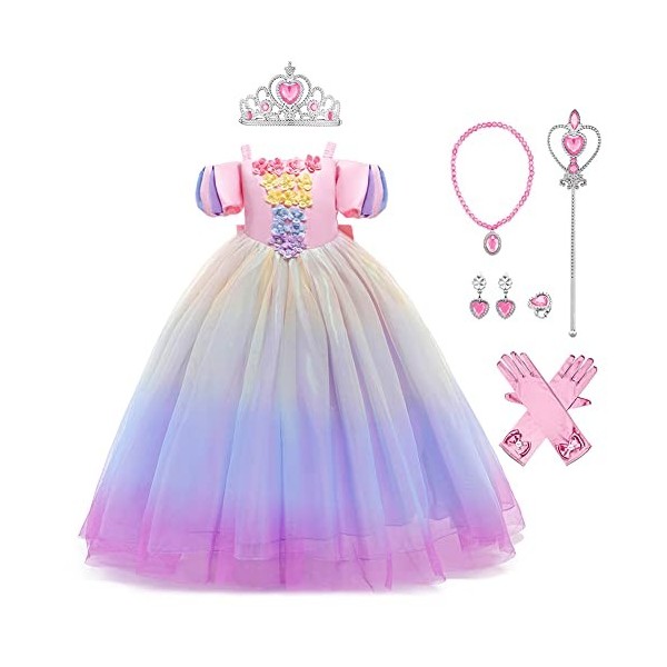 Odizli Raiponce Costume Enfant Fille Princesse Robe Fleurs Broderie Dentelle Tulle Longue Robe de Bal Halloween Noël Carnaval