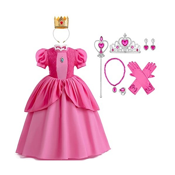 Enfants Filles Princesse Peach Costume Super Mario Halloween Fête Cosplay Robe Longue Tutu à Manches Courtes avec Tenue dacc