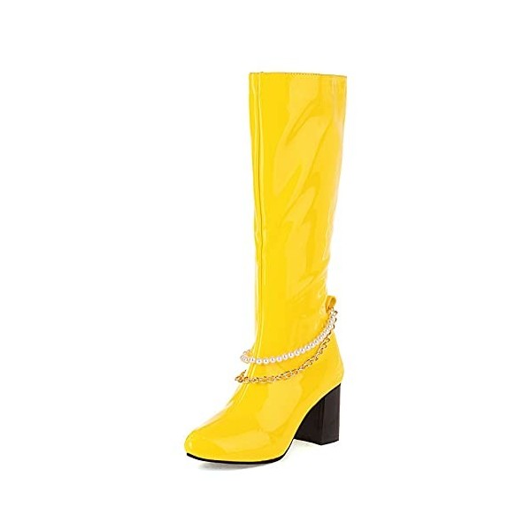 ErikenUrben Élégant équitation Bottes Femmes Talons Bloc Fête Costume Dress Chaussures Black Fermeture Eclair Yellow Size 36 