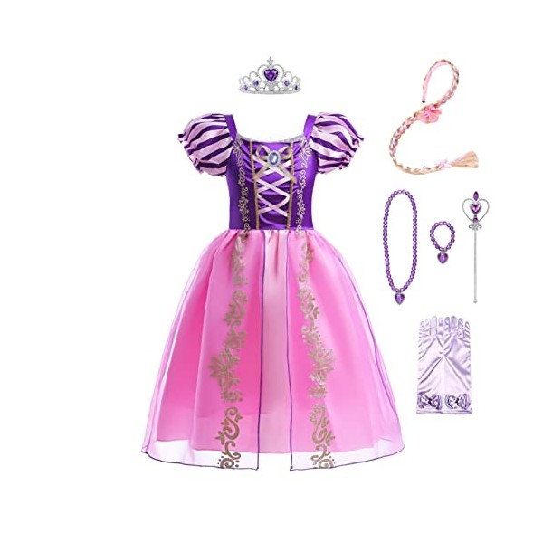 Lito Angels Deguisement Robe Costume Princesse Raiponce avec Accessories Enfant Fille, Taille 7 ans étiquette en tissu 07 , 