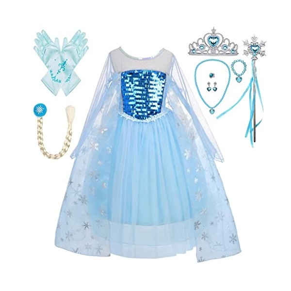 Lito Angels Deguisement Costume Robe Reine des Neiges Princesse Elsa Enfant Fille avec Cape et Accessoires Taille 5-6 ans, Ma