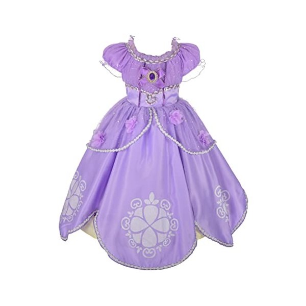 Vestito Da Principessa Sofia Per Bambina, Abito Da Ballo Viola Con Paillettes, Gonna A 5 Strati, Maniche A Sbuffo E Corpetto Elasticizzato, Costume Elegante Per Carnevale E Feste