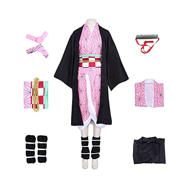 Nezuko Cosplay 10 pièces Ensemble de Déguisement Enfants Anime Kimetsu No Yaiba Costume avec Bambou Femmes Kamado Nezuko Tenu