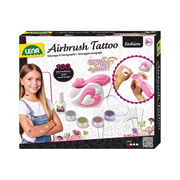 Lena- Airbrush Tattoo Studio avec 100 pochoirs et 4 Couleurs pailletées, pour Faire des Tatouages Scintillants sur la Peau, p