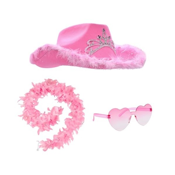 IQEPXTGO Chapeau de Cowboy Rose Cowboy Hat Pink Coeur Forme Lunettes Rose Boa Plumes Chapeau Cowboy Plume Ensemble déguisemen