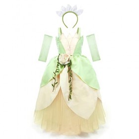 IDOPIP Deguisement Robe Princesse Tiana Enfant Fille, Filles Déguisement Princess and the Frog avec Pochette + Bandeau pour A