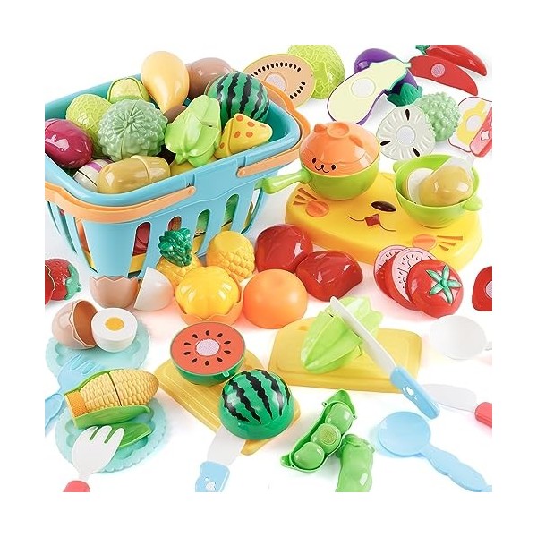 44 Pièces Jouets Enfant Cuisine,Accessoire de Jouet de Cuisine Enfant avec Fruits, Légumes, Ustensiles et Panier de Rangement