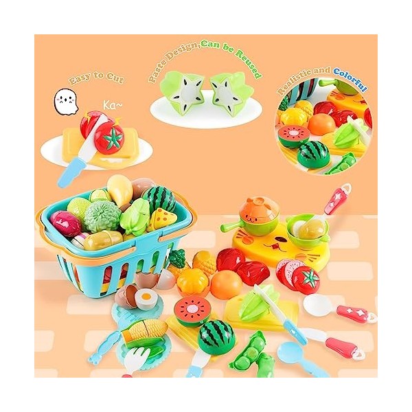 44 Pièces Jouets Enfant Cuisine,Accessoire de Jouet de Cuisine Enfant avec Fruits, Légumes, Ustensiles et Panier de Rangement