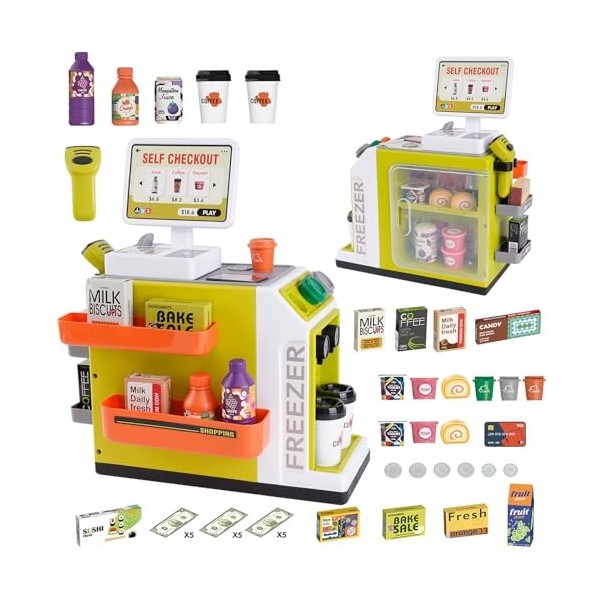Arkyomi Caisse de courses pour enfants, 46 accessoires de magasin de courses pour enfants, caisse de jeu avec scanner et son,