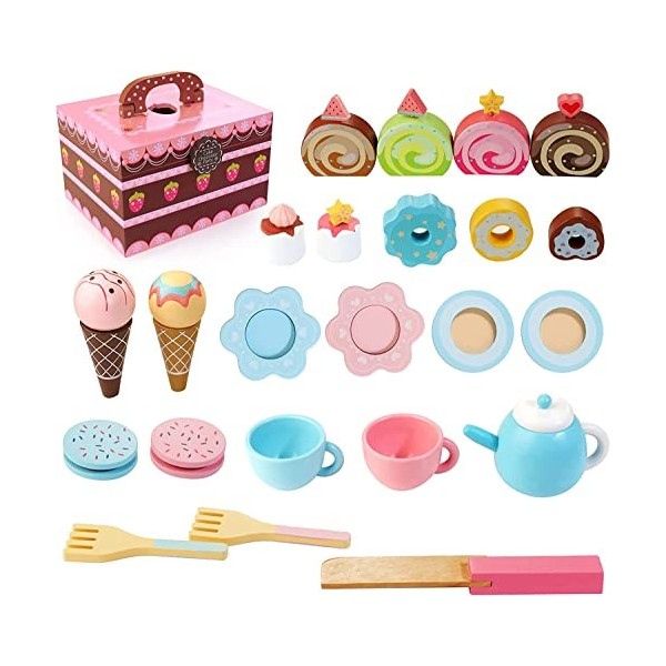 Tea Service Kids Tea Service boîte à Bonbons en Bois 30 TLG Tea Party Kids Jeu Set Pudding Cake Cookie Cosplay Cadeau pour ga