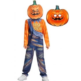 IKALI Enfants Costume de Citrouille Effrayante Imprimée Halloween Citrouille Fantaisie Déguisement pour Fête avec Masque 8-10