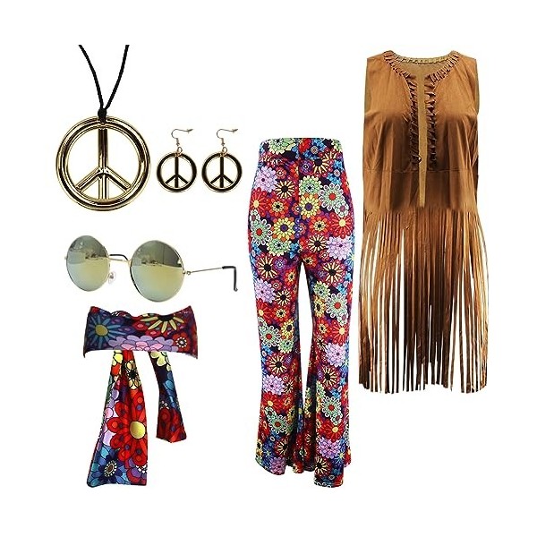 FARYODI Costume hippie rétro pour femme - Robe des années 70, collier, boucles doreilles et lunettes de soleil de style disc