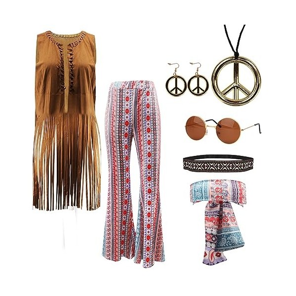 Lot de 7 costumes hippie pour femme, années 60 et 70, vêtements pour femme avec gilet à franges marron, pantalon de frappe po